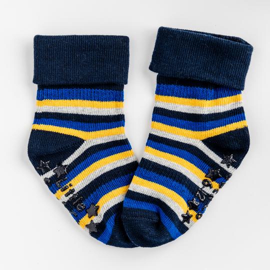 The Little Sock Company Original non-slip, stay-on socks in Navy, Blue & Mustard Stripe